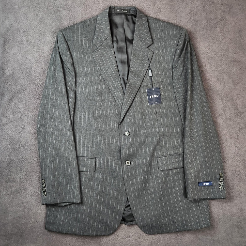 Izod Blazer Mens 44 Long Charcoal Gray Pinstripe 100%‎ Wool Woolmark Suit Jacket